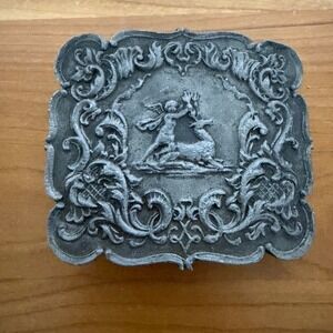 Vintage 1974 Lewis Buckles Original Design Cherub Stag Pewter Tone Belt Buckle